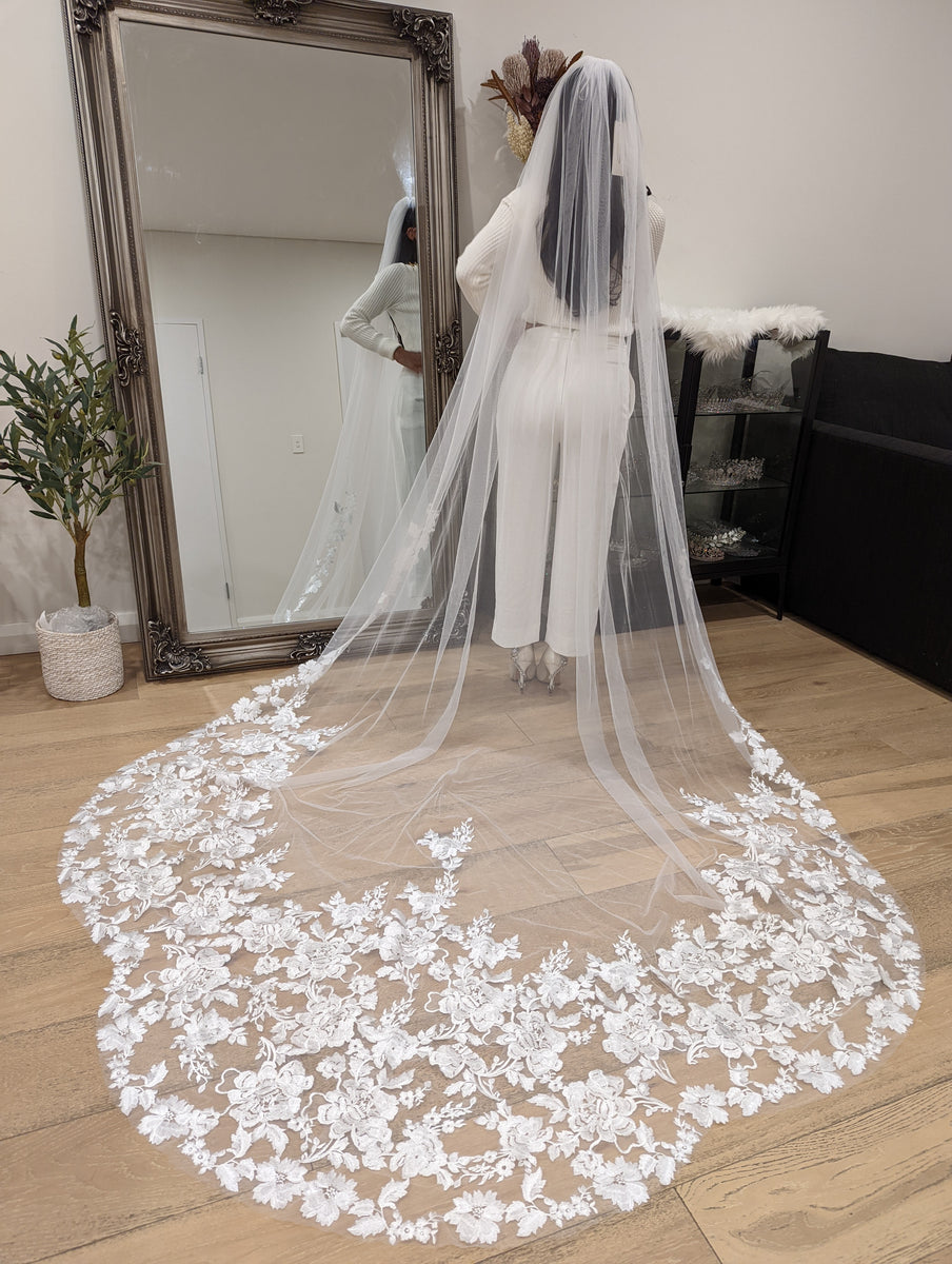 Royal Cathedral Length Wedding Veil, Single Tier Floral Lace Veil in  Sydney, A – MWBRIDALSTORE
