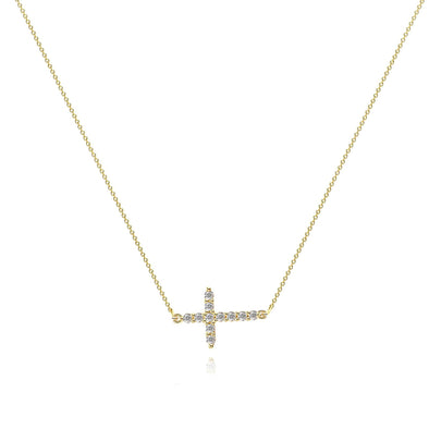 Minimalist gold-plated necklace displayed flat alongside matching earrings.