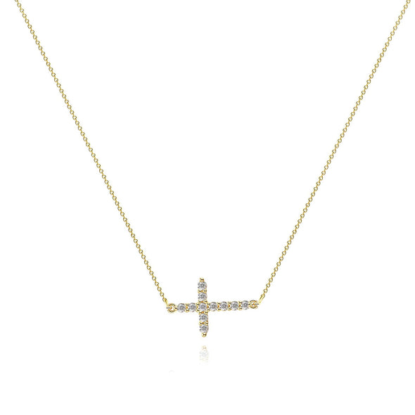 Minimalist gold-plated necklace displayed flat alongside matching earrings.