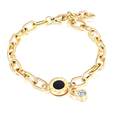 Close-up of a delicate gold-plated bracelet highlighting its sparkling zirconia stones