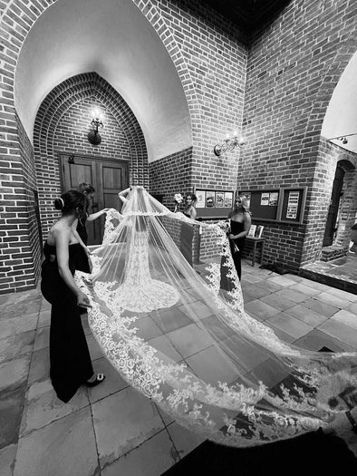 Cathedral-Length Wedding Veil Featuring Delicate Floral Lace