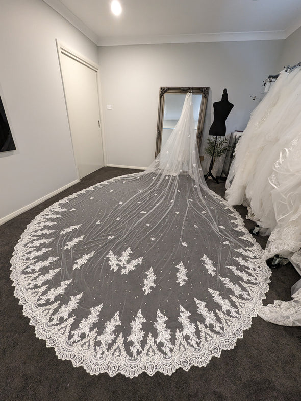 DENISE- Cathedral Length Lace Mantilla Wedding Veil with Pearls scattered on the tulle,1 tier cathedral Mantilla Lace Veil