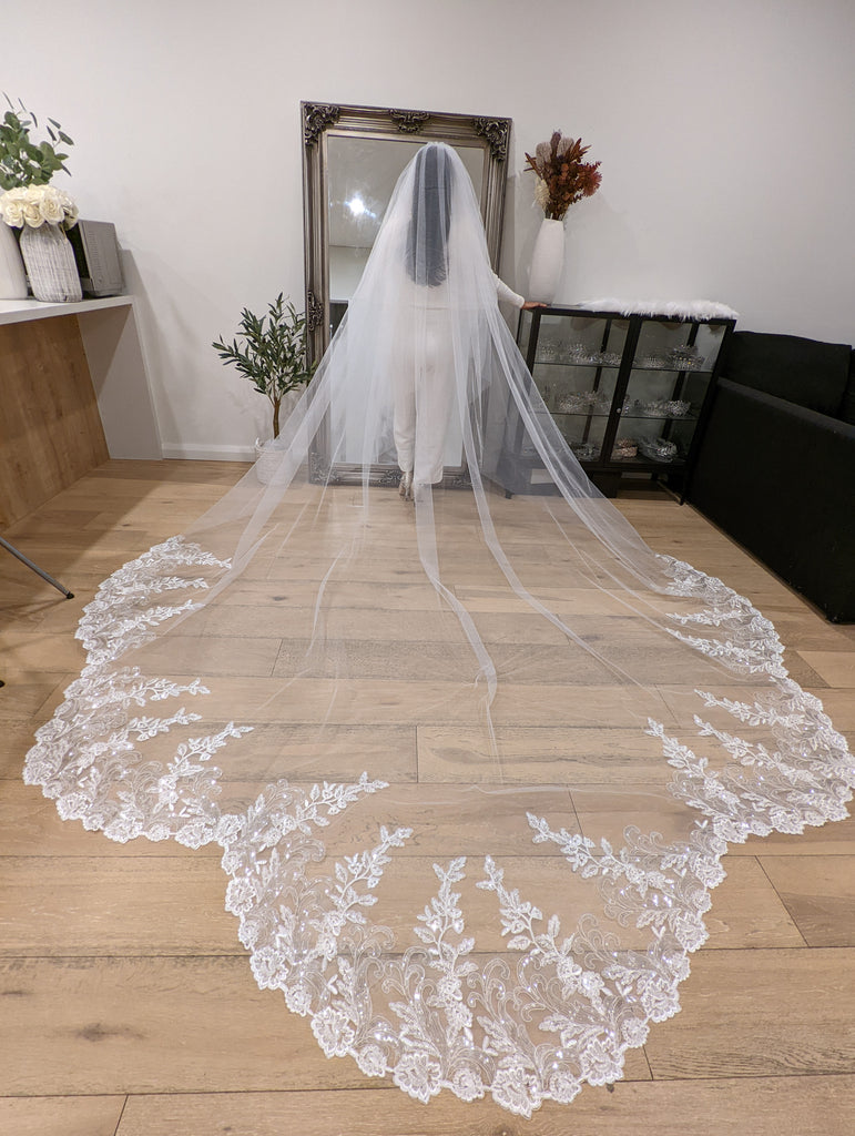 Jacqueline Sheer French lace scallop Cathedral veil –